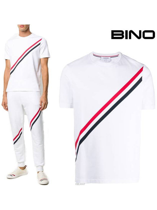 Three Stripes Diagonal Short Sleeve T-Shirt White - THOM BROWNE - BALAAN