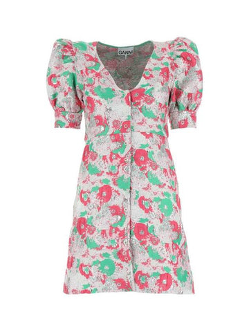 Women's Floral Puff Sleeve V-Neck Short Dress - GANNI - BALAAN 1