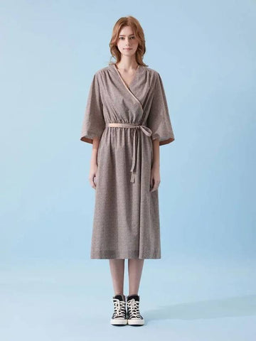 Dot Print Cotton Wrap Long Dress Brown - VOYONN - BALAAN 1