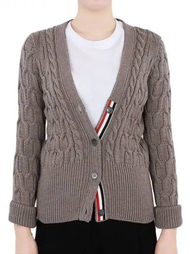 Merino Wool Crisscross Cable Stitch 3/4 Sleeve V-Neck Cardigan Medium Brown - THOM BROWNE - BALAAN 2