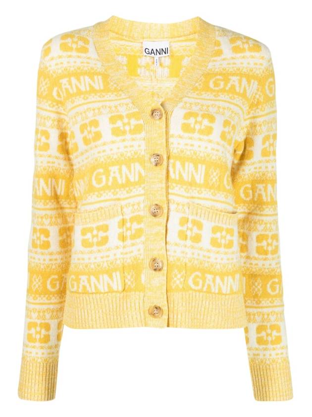 Intarsia Logo Wool V-Neck Cardigan Yellow - GANNI - BALAAN 2