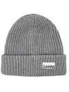 Logo Patch Knit Beanie Grey - GANNI - BALAAN.