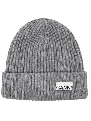 Logo Patch Knit Beanie Grey - GANNI - BALAAN 1