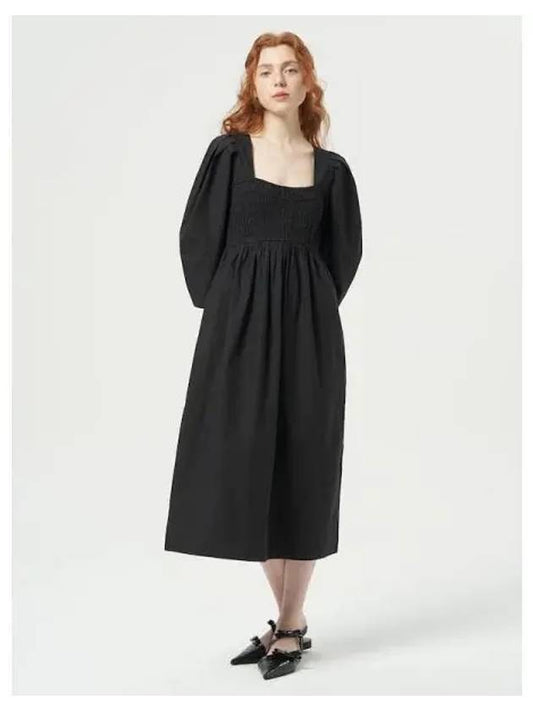 Cotton poplin open neck long dress one piece petite black domestic product GM0023122013200 - GANNI - BALAAN 1