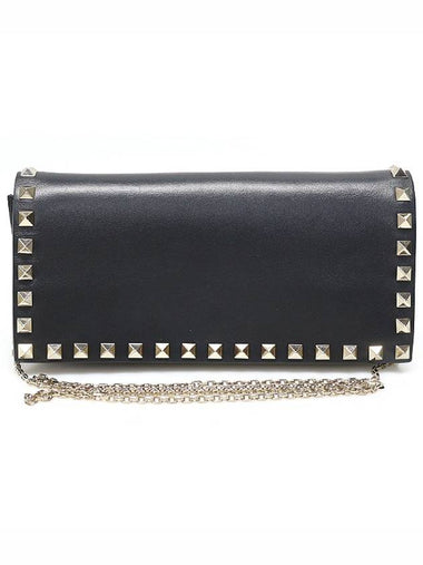 JW2P0561BOL Black Calfskin Gold Plated Rockstud WOC Chain Clutch Crossbody Bag - VALENTINO - BALAAN 1