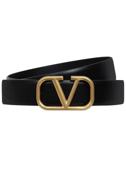 Gold V Logo Signature Leather Belt Black - VALENTINO - BALAAN 2