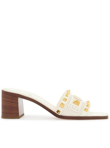 ivory leather slippers with golden studs and low heel - VALENTINO - BALAAN 1