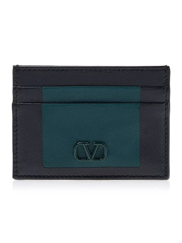 V Logo Leather Card Wallet Green - VALENTINO - BALAAN 1