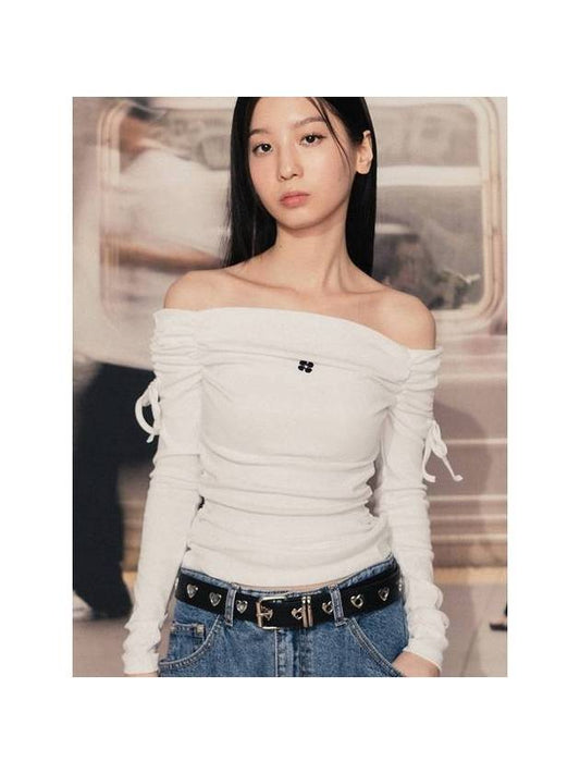 Logo Ribbon Shirring Off Shoulder Long Sleeve T-Shirt White - HIGH SCHOOL DISCO - BALAAN 1