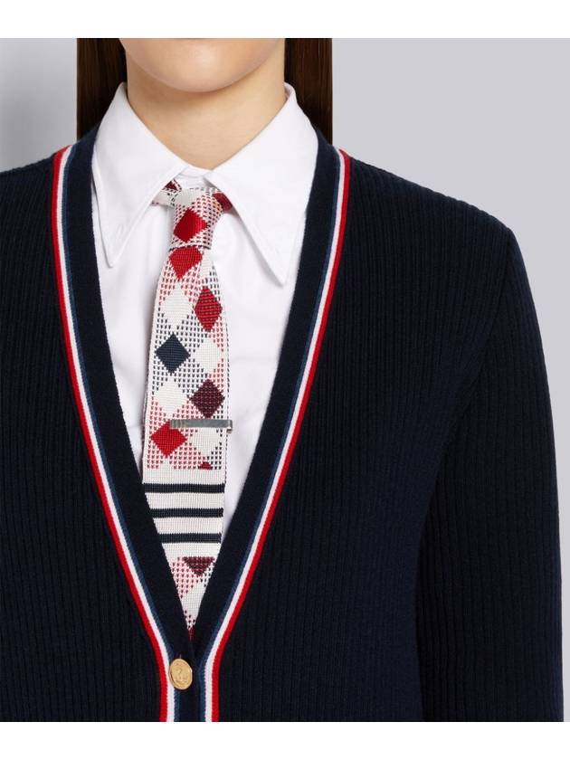 Three Stripe Trim Ribbed Cashmere V Neck Cardigan Navy - THOM BROWNE - BALAAN 6