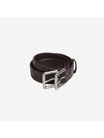 Intrecciato Double Buckle Leather Belt Dark Brown - BOTTEGA VENETA - BALAAN 1