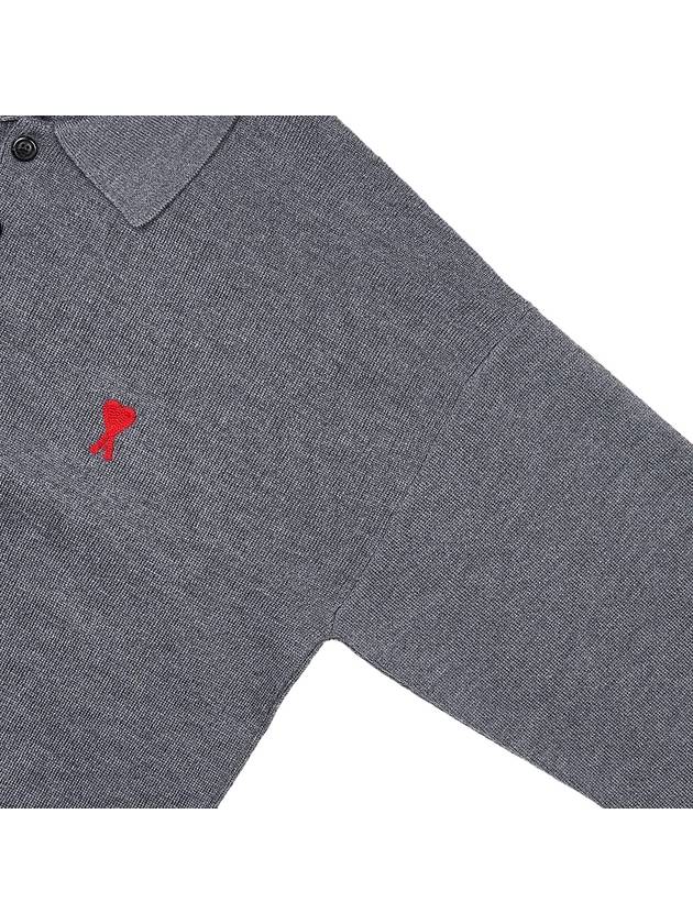 Small Heart Extra Fine Merino Wool Polo Shirt Grey - AMI - BALAAN 5