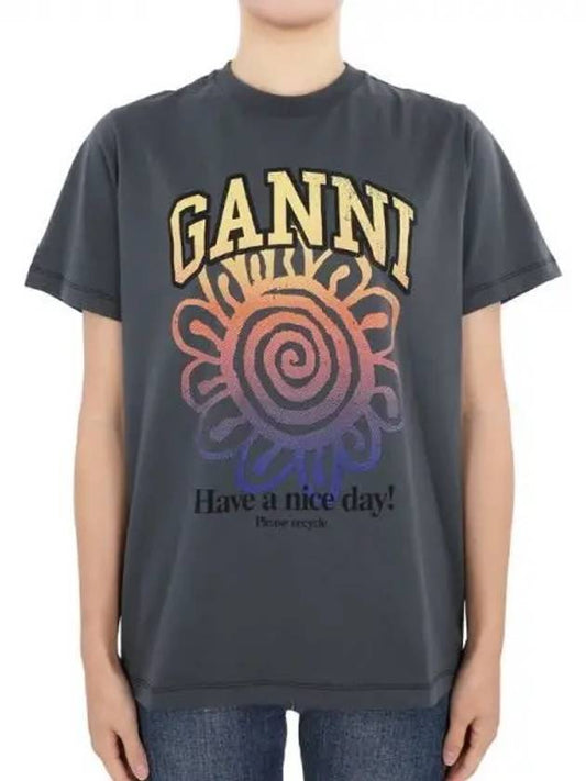 Relax Flower Organic Cotton Short Sleeve T-Shirt Grey - GANNI - BALAAN 2