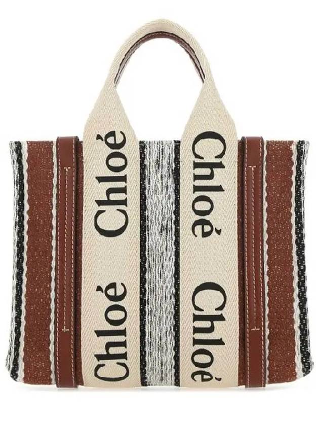 Woody Small Striped Linen Calfskin Strap Tote Bag Soft Tan - CHLOE - BALAAN 2