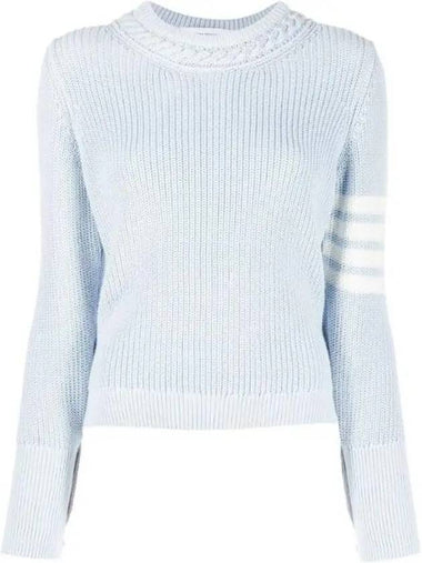 Women's 4 Bar Crew Neck Cotton Knit Top Light Blue - THOM BROWNE - BALAAN 1