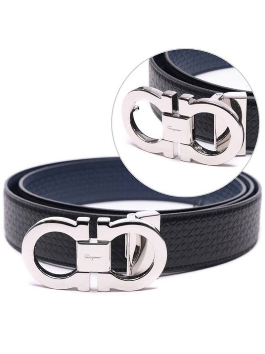 Double Gancini Reversible Leather Belt Black Fiore Blue - SALVATORE FERRAGAMO - BALAAN 2