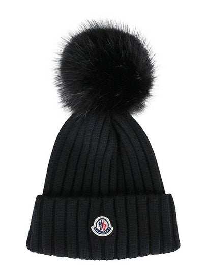 Pom-Pom Detail Wool Beanie Black - MONCLER - BALAAN 2