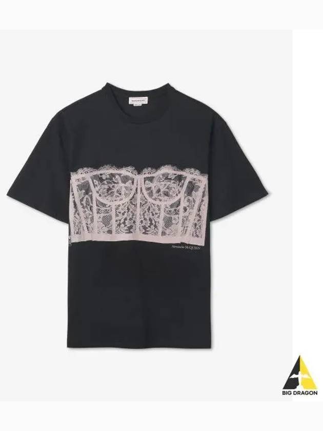 Lace Corset Print Short Sleeves T-Shirt Black - ALEXANDER MCQUEEN - BALAAN 2