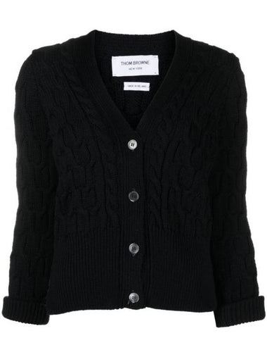 Merino Wool Crisscross Cable Stitch 3/4 Sleeve V-Neck Cardigan Navy - THOM BROWNE - BALAAN 1