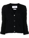 Merino Wool Crisscross Cable Stitch 3/4 Sleeve V-Neck Cardigan Navy - THOM BROWNE - BALAAN 1