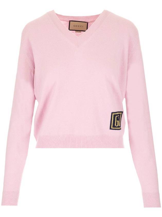 square logo embroidered V-neck knit top pink - GUCCI - BALAAN.