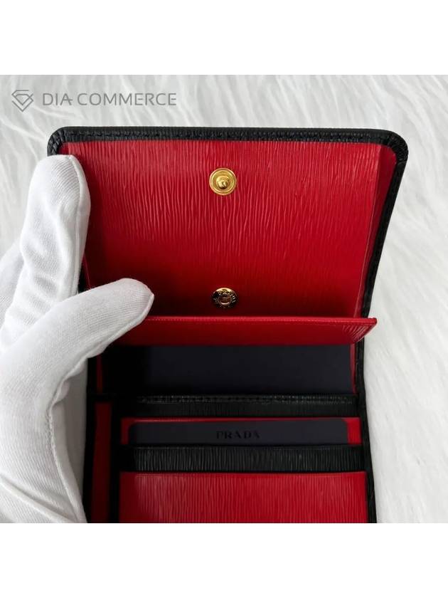 Vitello gold logo 3-fold bifold wallet black red - PRADA - BALAAN.