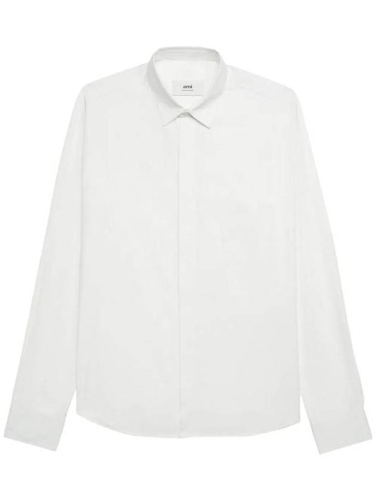 Heart Logo Tonal Cotton Poplin Long Sleeve Shirt White - AMI - BALAAN 1