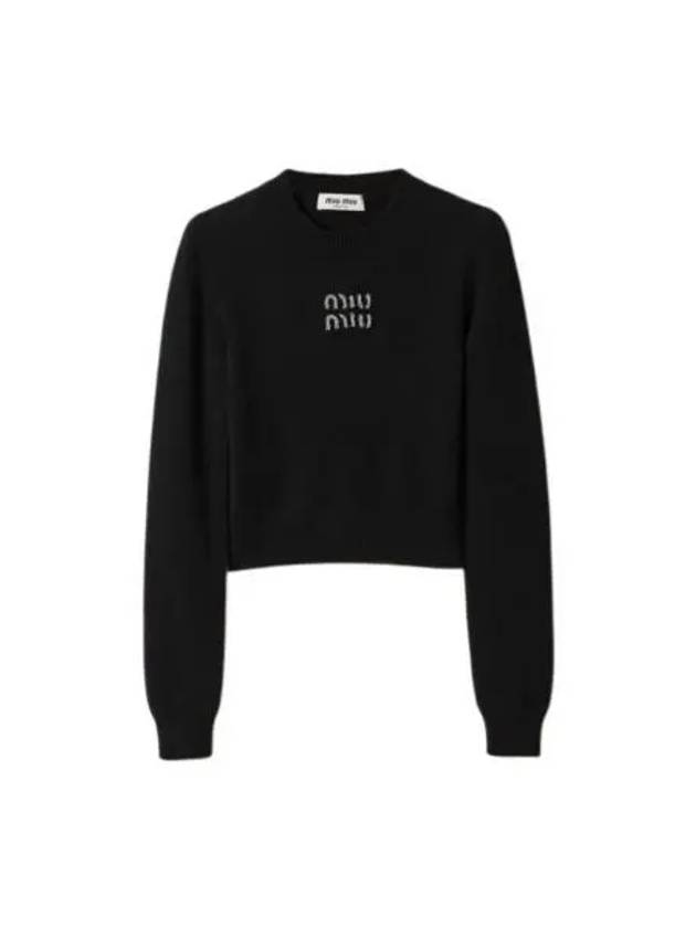 Embroidered Logo Cashmere Knit Top Black - MIU MIU - BALAAN 2