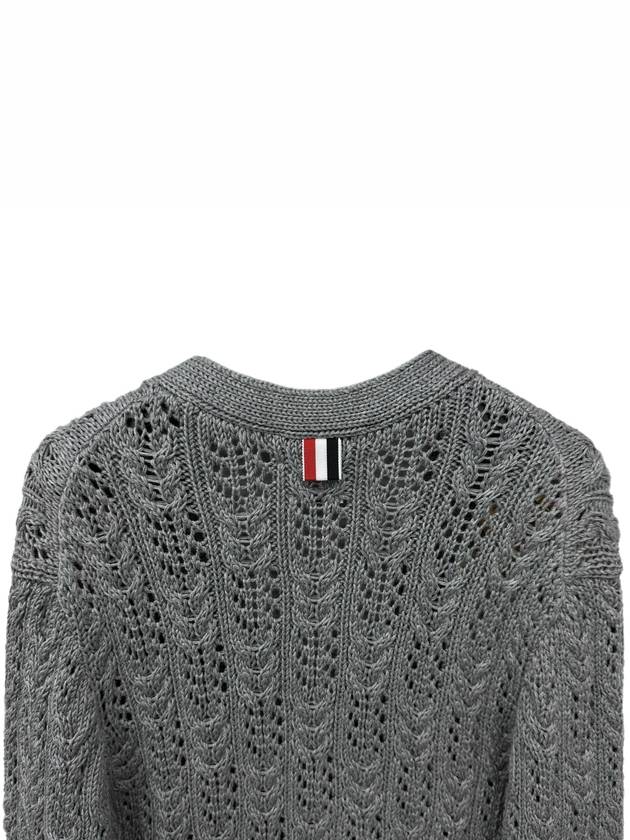 Women's Irish Cable Merino 4 Bar Wool Cardigan Light Gray - THOM BROWNE - BALAAN.