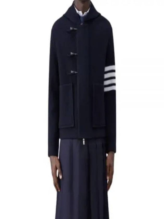 Boiled Wool Half Cardigan Stitched Hooded 4 Bar Double Jacket Navy - THOM BROWNE - BALAAN 2