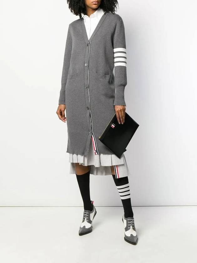 Cotton Crepe Milano Stitch 4-Bar Long V-Neck Cardigan Medium Grey - THOM BROWNE - BALAAN 3