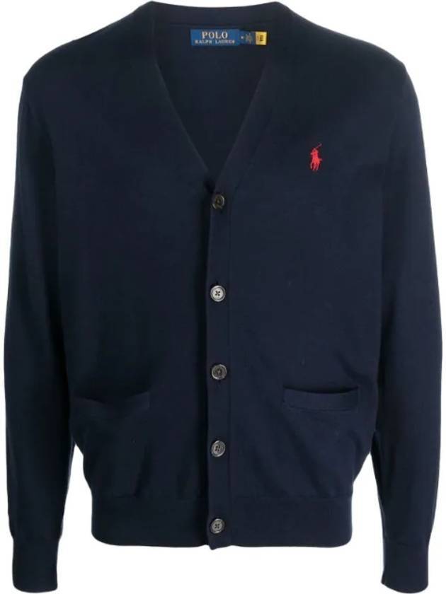 V-Neck Embroidery Logo Cardigan Navy - POLO RALPH LAUREN - BALAAN 1