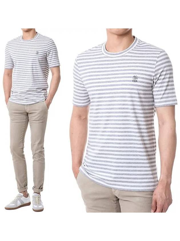 Embroidered Logo Striped Short Sleeve T-Shirt - BRUNELLO CUCINELLI - BALAAN 2