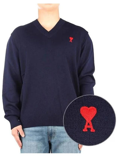 Heart Logo V-Neck Knit Top Navy - AMI - BALAAN 2