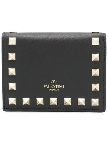 Rockstud Leather Flap Half Wallet Black - VALENTINO - BALAAN 1