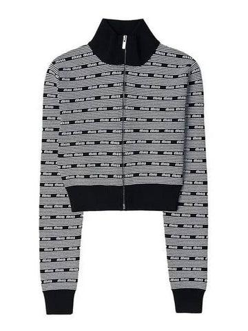 Striped Logo Viscose Turtleneck Cardigan Black White - MIU MIU - BALAAN 1