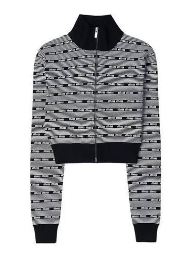 Striped Logo Viscose Turtleneck Cardigan Black White - MIU MIU - BALAAN 1