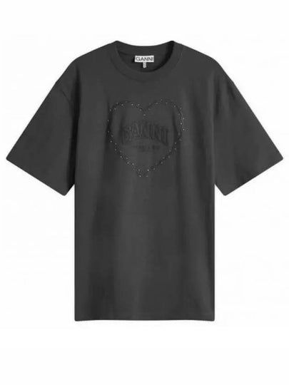 Drop Shoulder Heart Cotton Short Sleeve T-Shirt Black - GANNI - BALAAN 2