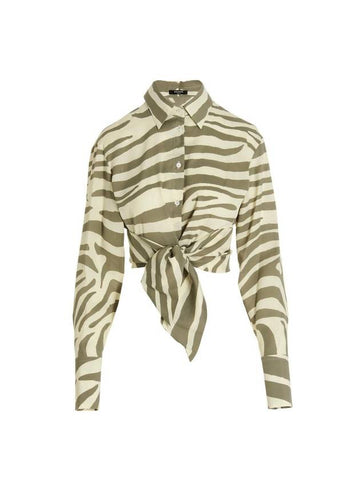 Zebra Print Cropped Long Sleeve Shirt Light Green - BALMAIN - BALAAN 1