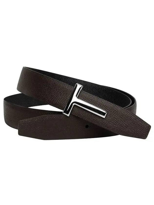 Silver Hardware T Logo Reversible Leather Belt Black Dark Brown - TOM FORD - BALAAN.