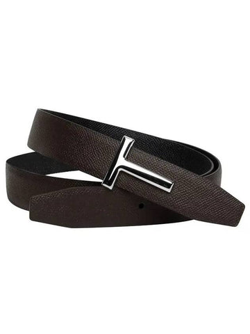 Silver Hardware T Logo Reversible Leather Belt Black Dark Brown - TOM FORD - BALAAN 1