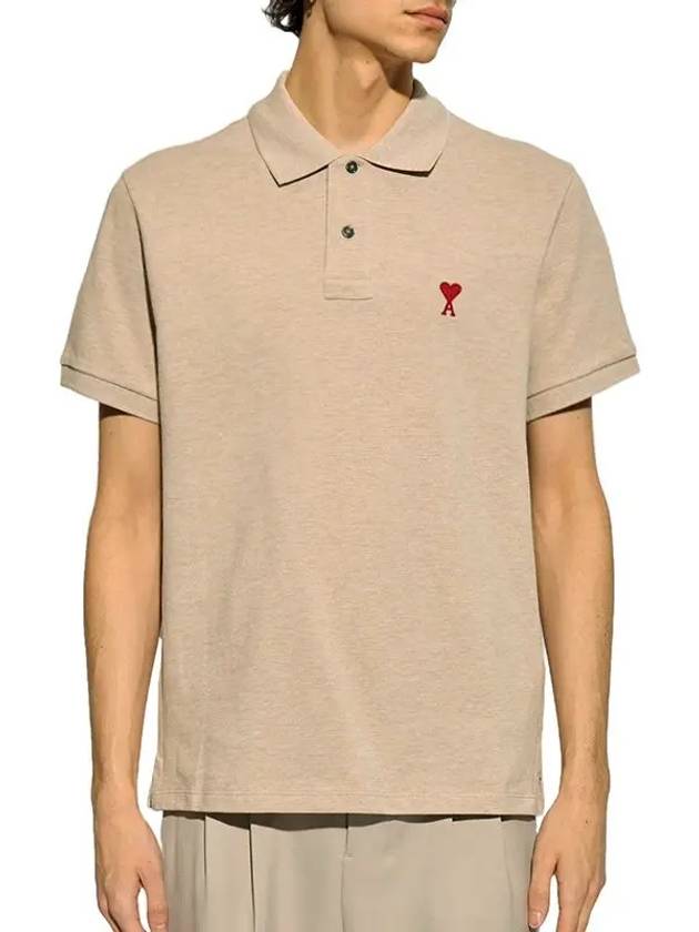 Men's Heart Logo Polo Shirt Beige - AMI - BALAAN 3