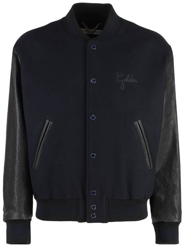 Distressed Leather Sleeve Wool Bomber Jacket Dark Blue - GOLDEN GOOSE - BALAAN 2