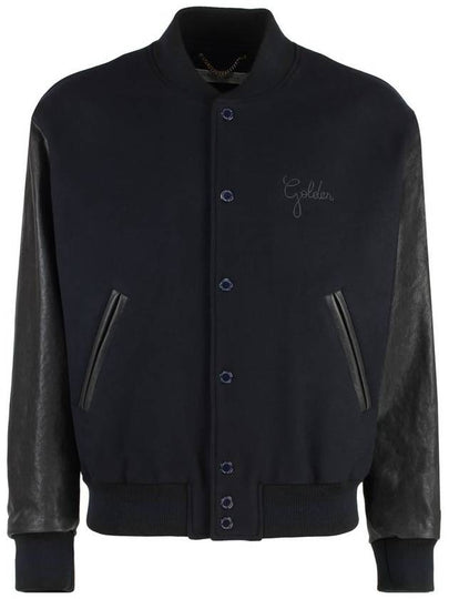 Distressed Leather Sleeve Wool Bomber Jacket Dark Blue - GOLDEN GOOSE - BALAAN 2