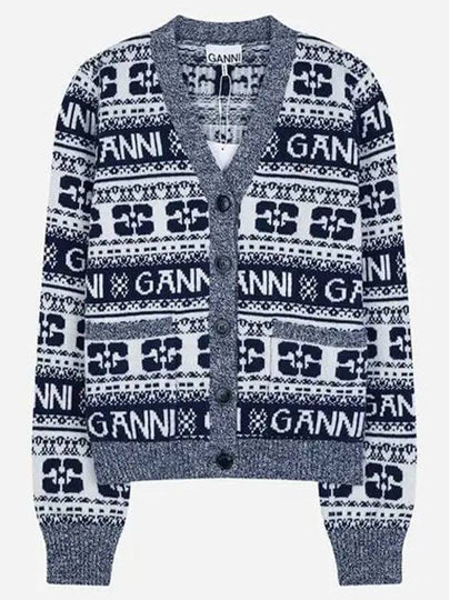 logo wool mix jacquard cardigan blue - GANNI - BALAAN 2