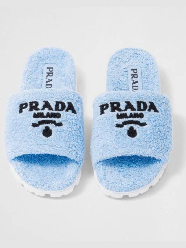 Embroidered Logo Terry Fur Slippers Blue - PRADA - BALAAN 2