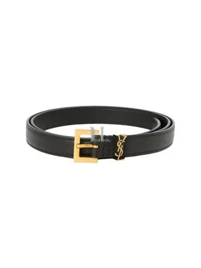 Cassandre Grained Leather Square Buckle Thin Belt Black - SAINT LAURENT - BALAAN 2