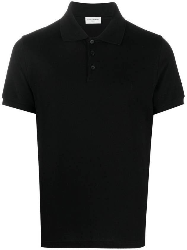 Men's Monogram Cotton Short Sleeve Polo Shirt Black - SAINT LAURENT - BALAAN.