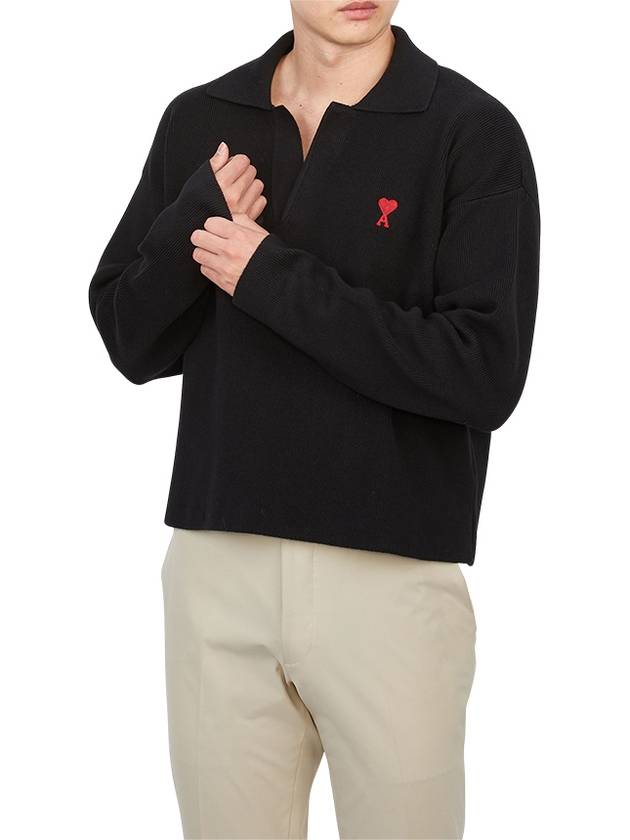 Small Heart Long Sleeve Polo Shirt Black - AMI - BALAAN 5