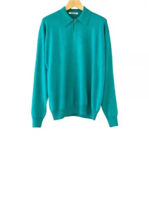 CASHMERE SILK WOOL KNIT POLO AQUA BLUE A24AP02SK - AURALEE - BALAAN 1